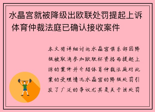 水晶宫就被降级出欧联处罚提起上诉 体育仲裁法庭已确认接收案件