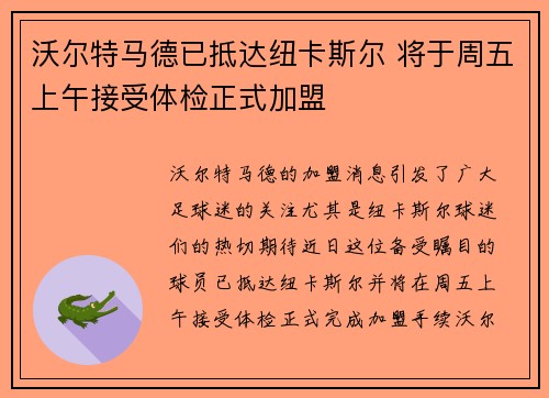 沃尔特马德已抵达纽卡斯尔 将于周五上午接受体检正式加盟